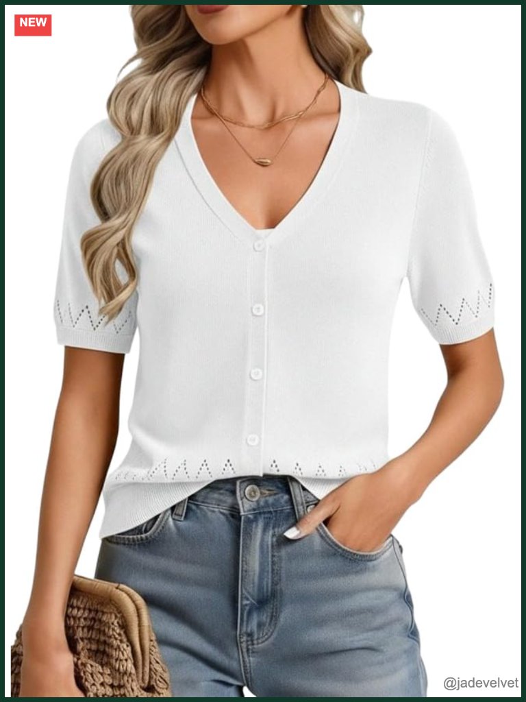 Short Sleeve Button Up V Neck Lightweight Cotton Cardigan Sweater
